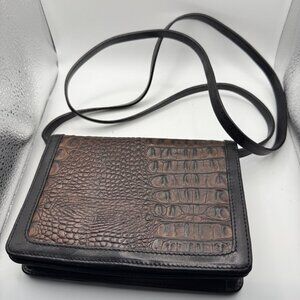 Brahmin Black Leather Crocodile Embossed Crossbody Bag Multiple Compartments